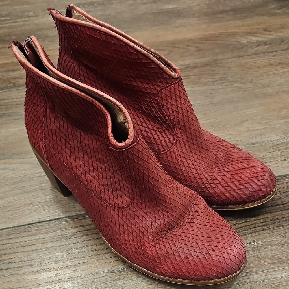 Red, Textured, Ankle, Boots, Cowgirl, Leather, Casual, Classic, Western, Office